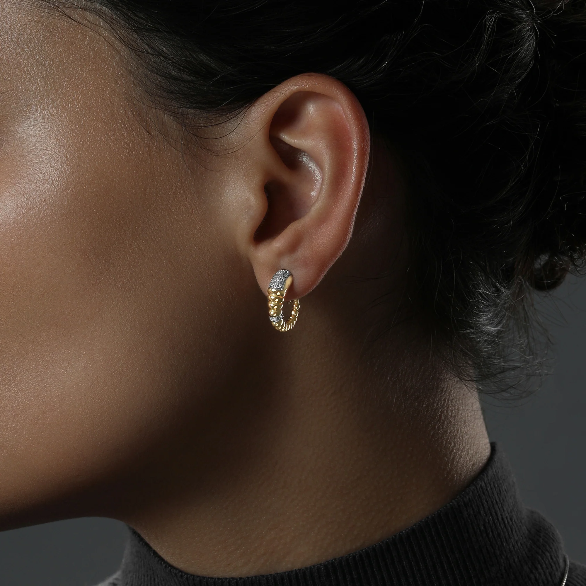BANTHA™ WOMEN'S HOOP EARRINGS 1/6 CT.TW. Diamond, 10K Yellow Gold and Sterling Silver - Image 2