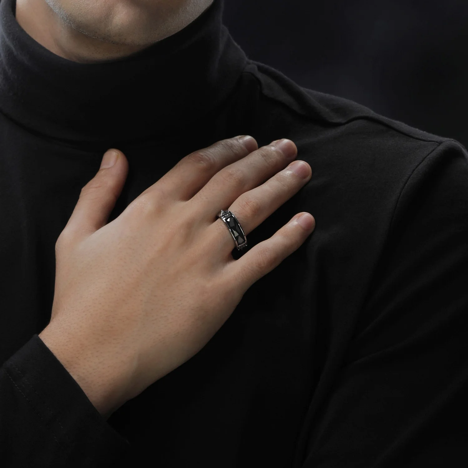 DARK ARMOR MEN'S RING 1/10 CT.TW. Black Diamonds, Black Onyx, Sterling Silver with Black Rhodium - Image 2
