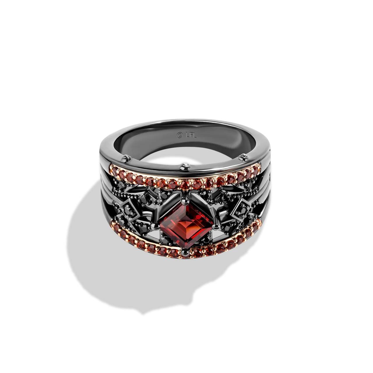 DARTH MAUL™ WOMEN'S RING 1/10 CT.TW. Black Diamonds with Garnet , 14K Rose Gold Over Sterling Silver with Black Rhodium