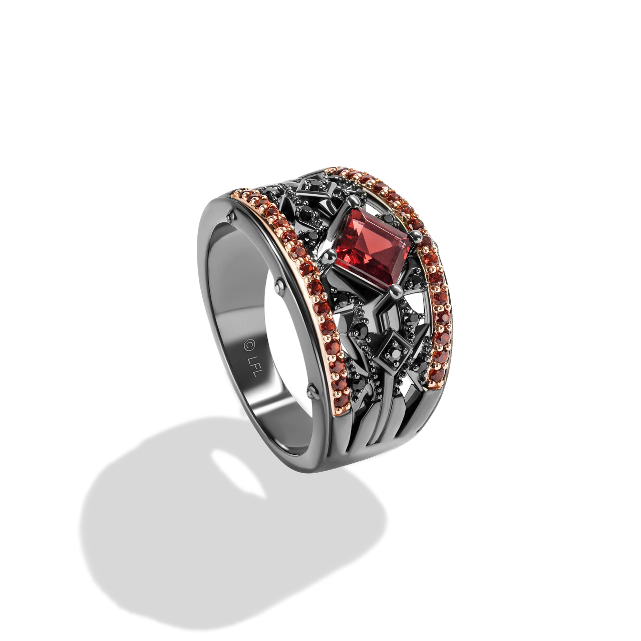 DARTH MAUL™ WOMEN'S RING 1/10 CT.TW. Black Diamonds with Garnet , 14K Rose Gold Over Sterling Silver with Black Rhodium - Image 2