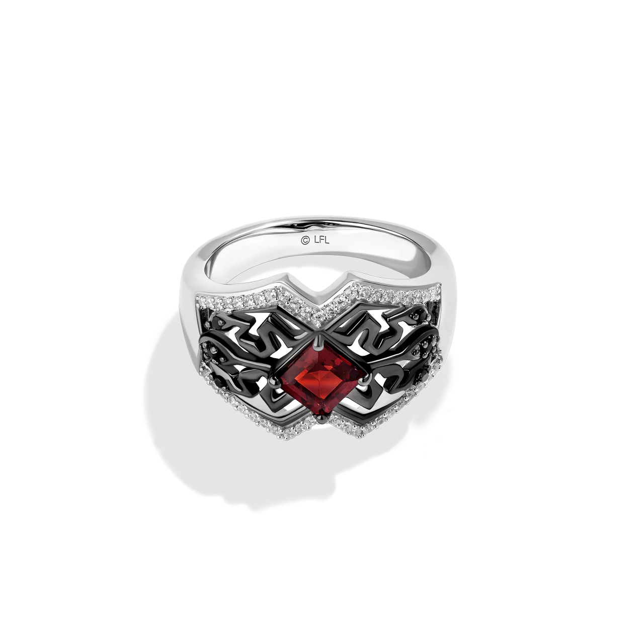 DARTH MAUL™ WOMEN'S RING 1/5 CT.TW. Black Diamonds and White Diamonds with Garnet in Sterling Silver with Black Rhodium