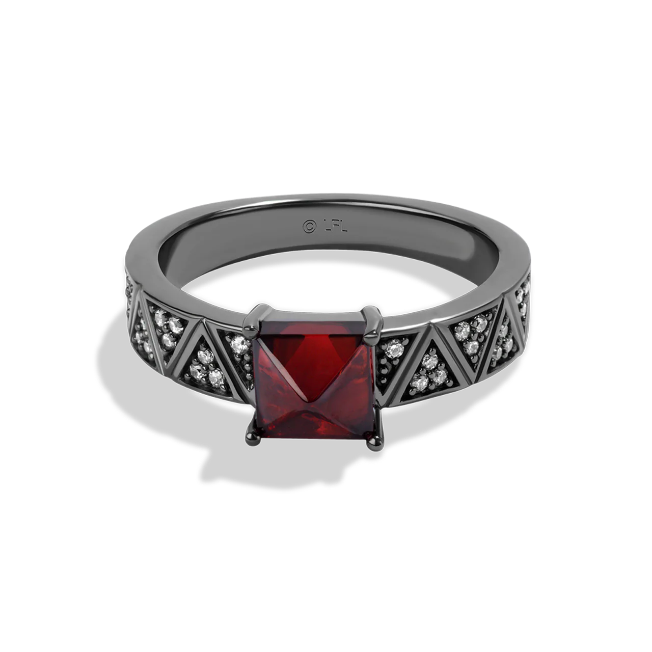 DARTH VADER™ BLACK RHODIUM OVER STERLING SILVER RED GARNET GEMSTONE RING with 1/8 CT.TW. Diamonds