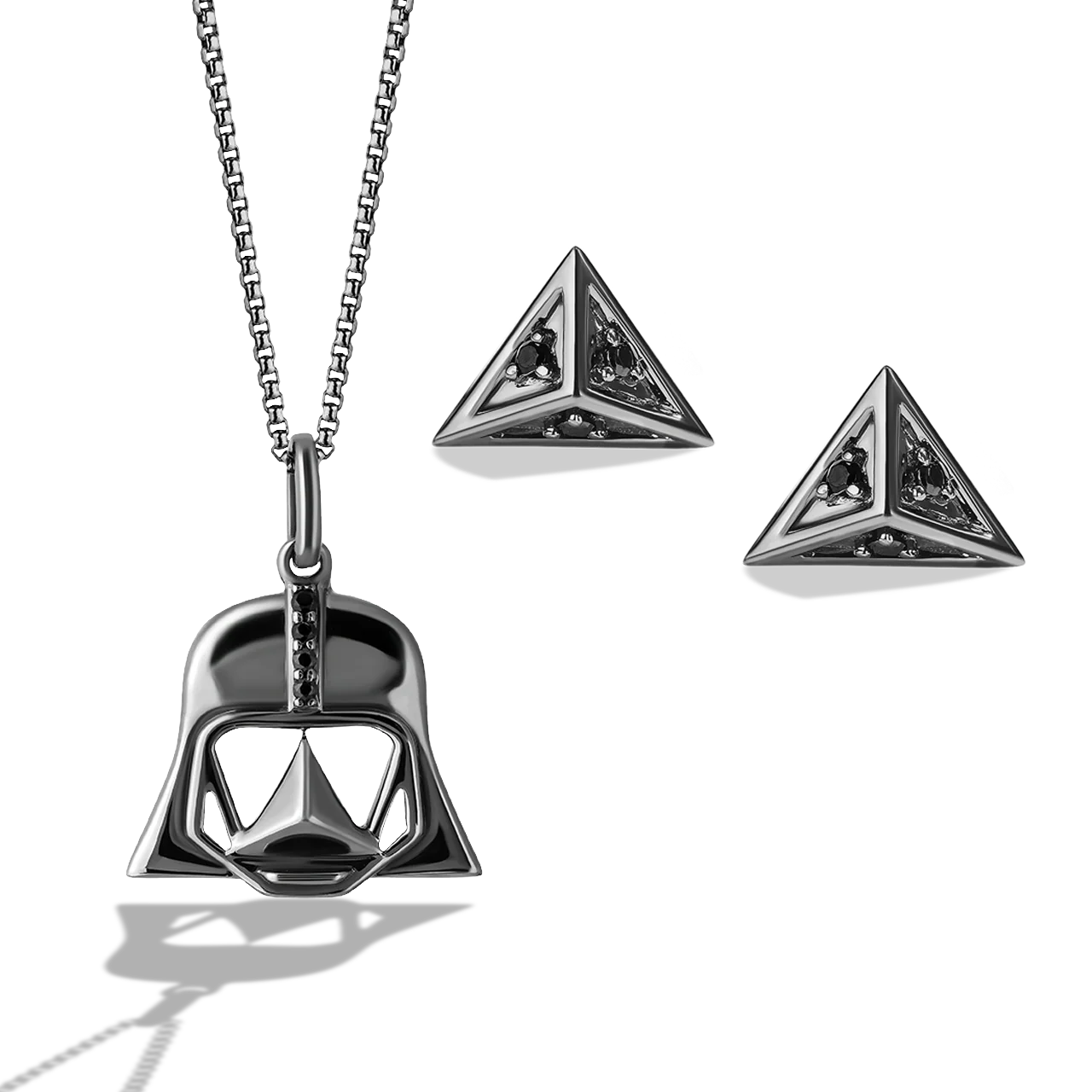 DARTH VADER™ HELMET NECKLACE AND EARRINGS SET in Black Rhodium over Sterling Silver with Black Diamonds