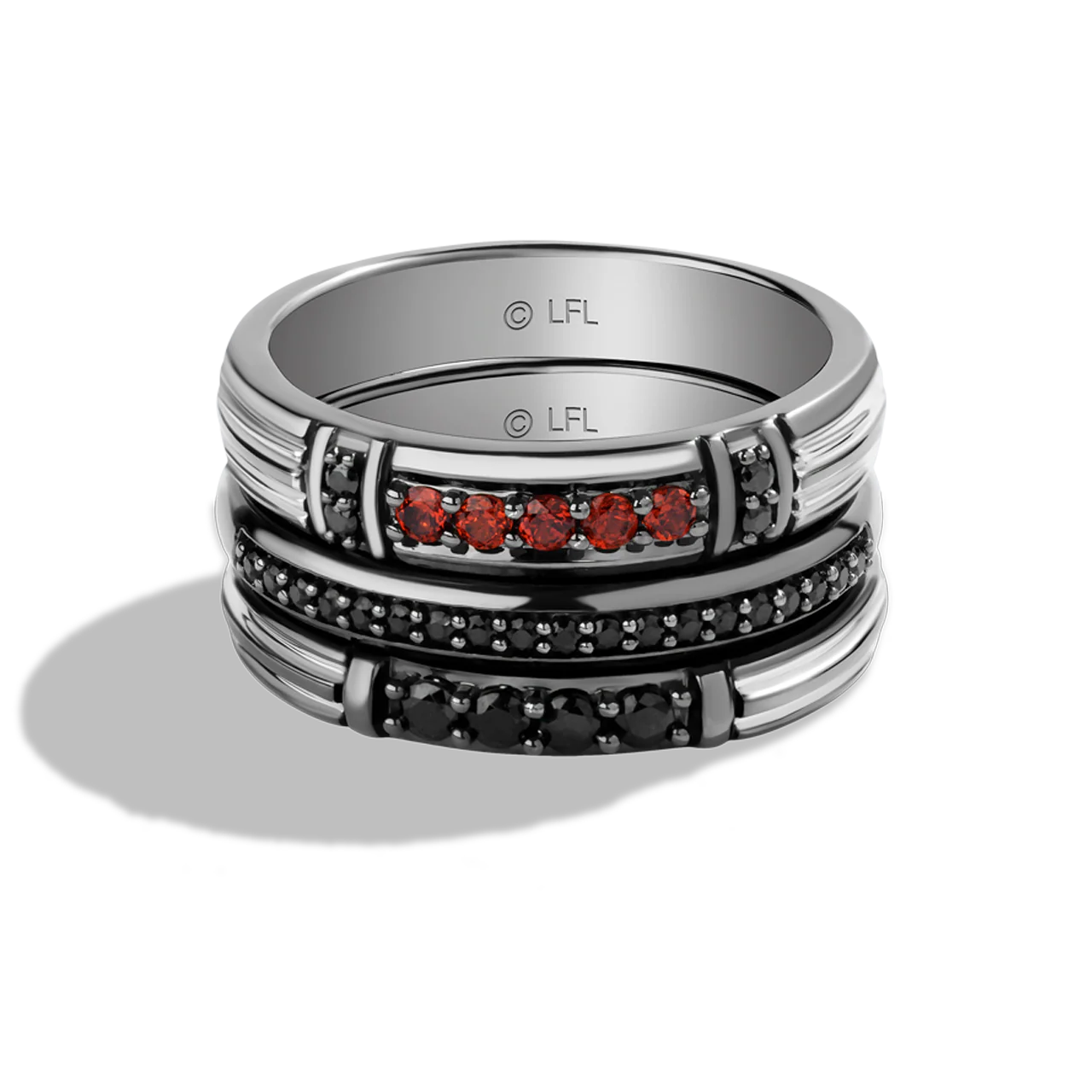 DARTH VADER™ RING STACK in Black Rhodium over Sterling Silver with Black Diamonds and Garnet