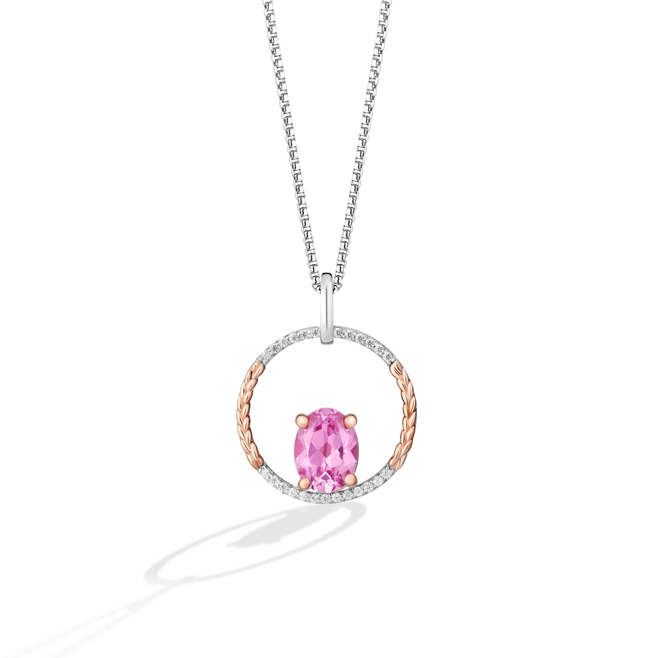 GALACTIC ROYALTY WOMEN'S PENDANT 14K Rose Gold Over Sterling Silver, 1/10 CT.TW. White Diamonds and Created Pink Sapphire