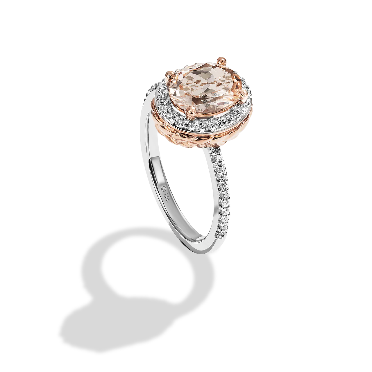 GALACTIC ROYALTY WOMEN'S RING 1/6 CT.TW. White Diamonds and Morganite True Two Tone Silver and 10K Rose Gold - Image 3