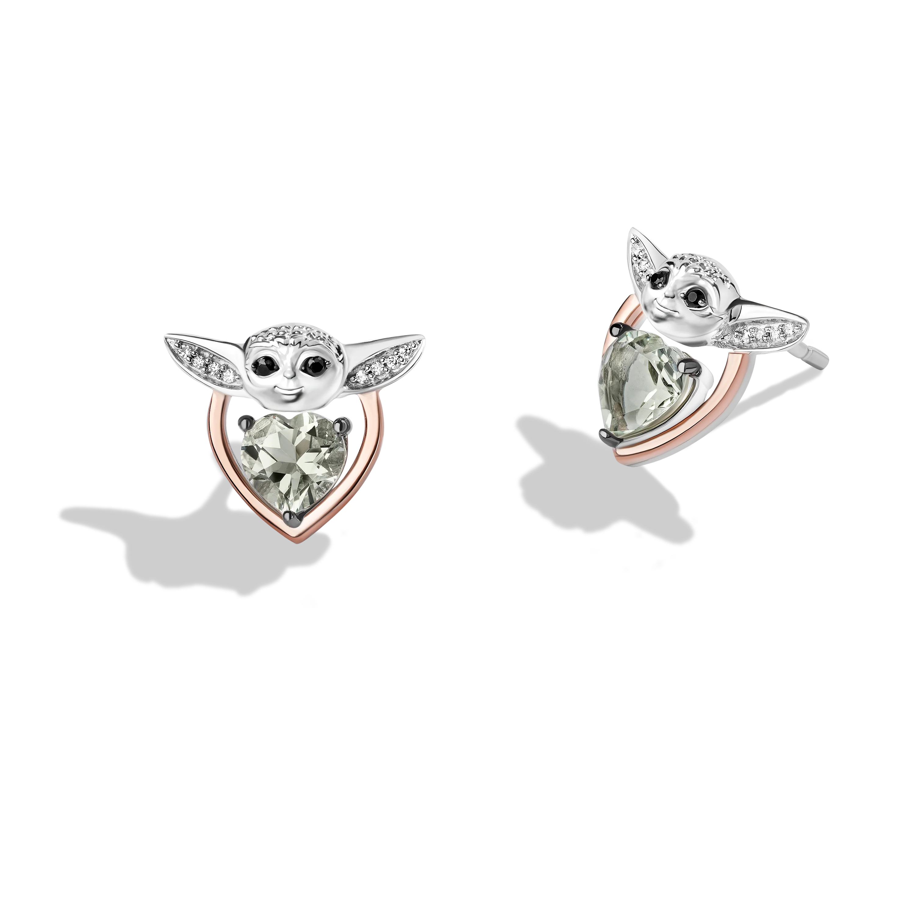 GROGU™ Women's Earrings with Heart Green Amethyst, and 1/20 CT.TW. Diamonds in 14K Rose Gold over Sterling Silver