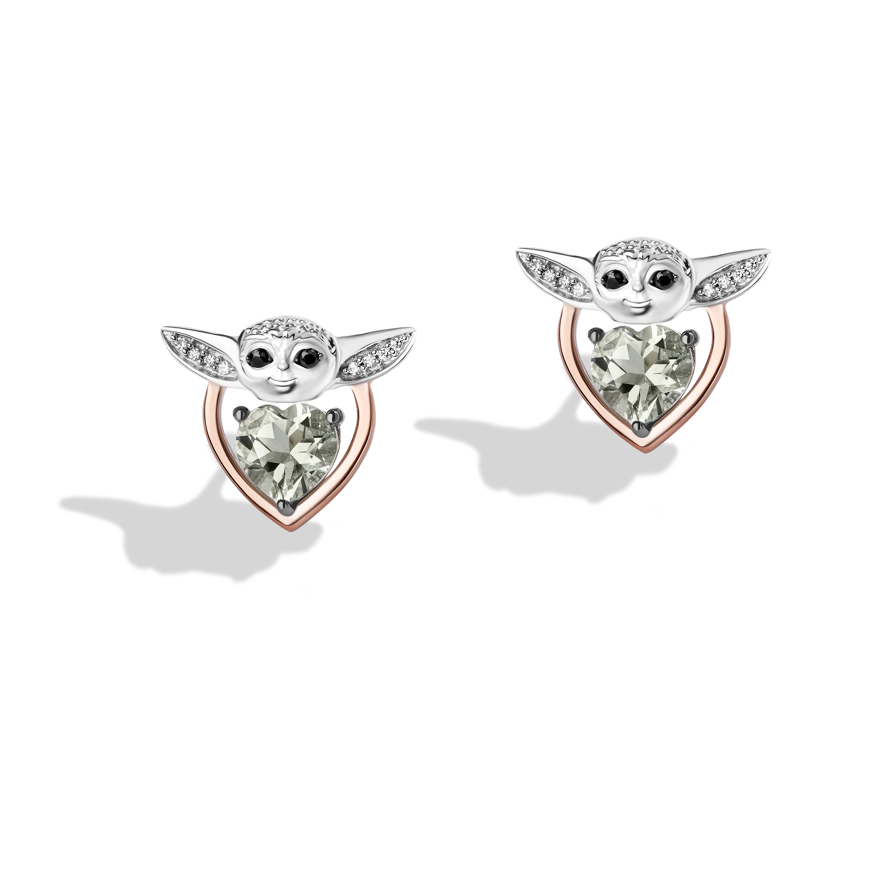 GROGU™ Women's Earrings with Heart Green Amethyst, and 1/20 CT.TW. Diamonds in 14K Rose Gold over Sterling Silver - Image 2