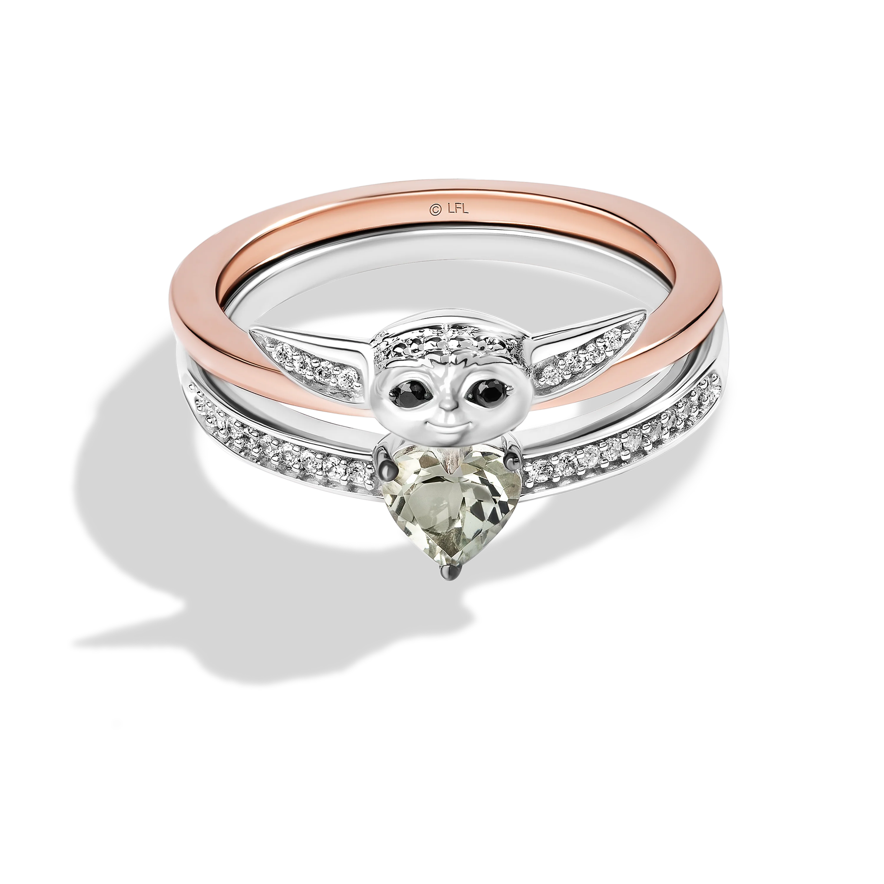 GROGU™ Women's Ring with Heart Green Amethyst, and 1/10 CT.TW. Diamonds in 14K Rose Gold over Sterling Silver