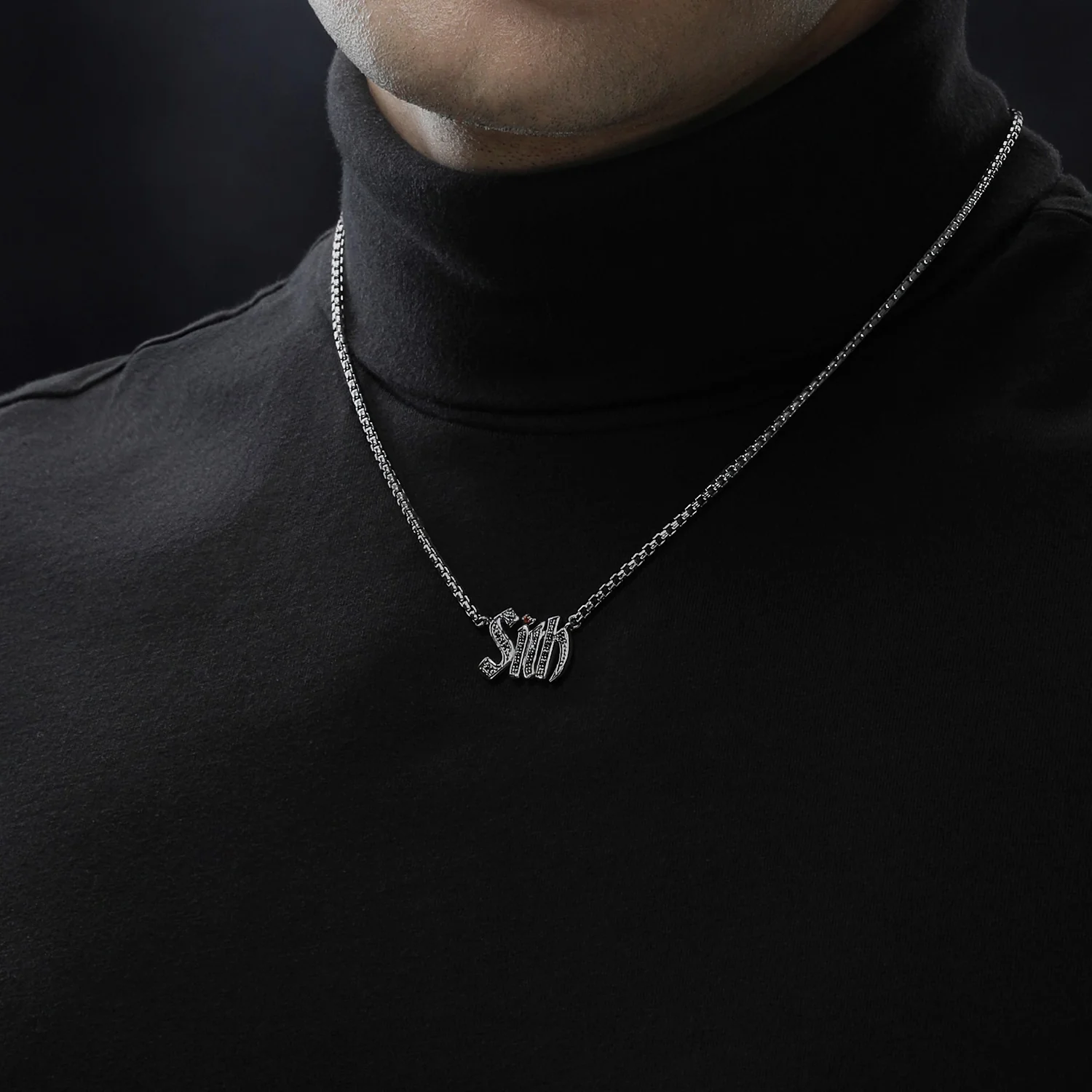 INTO THE GALAXY BLACK RHODIUM OVER STERLING SILVER SITH™ EDITORIAL NECKLACE with 1/6 CT.TW. Black Diamonds and Garnet - Image 2