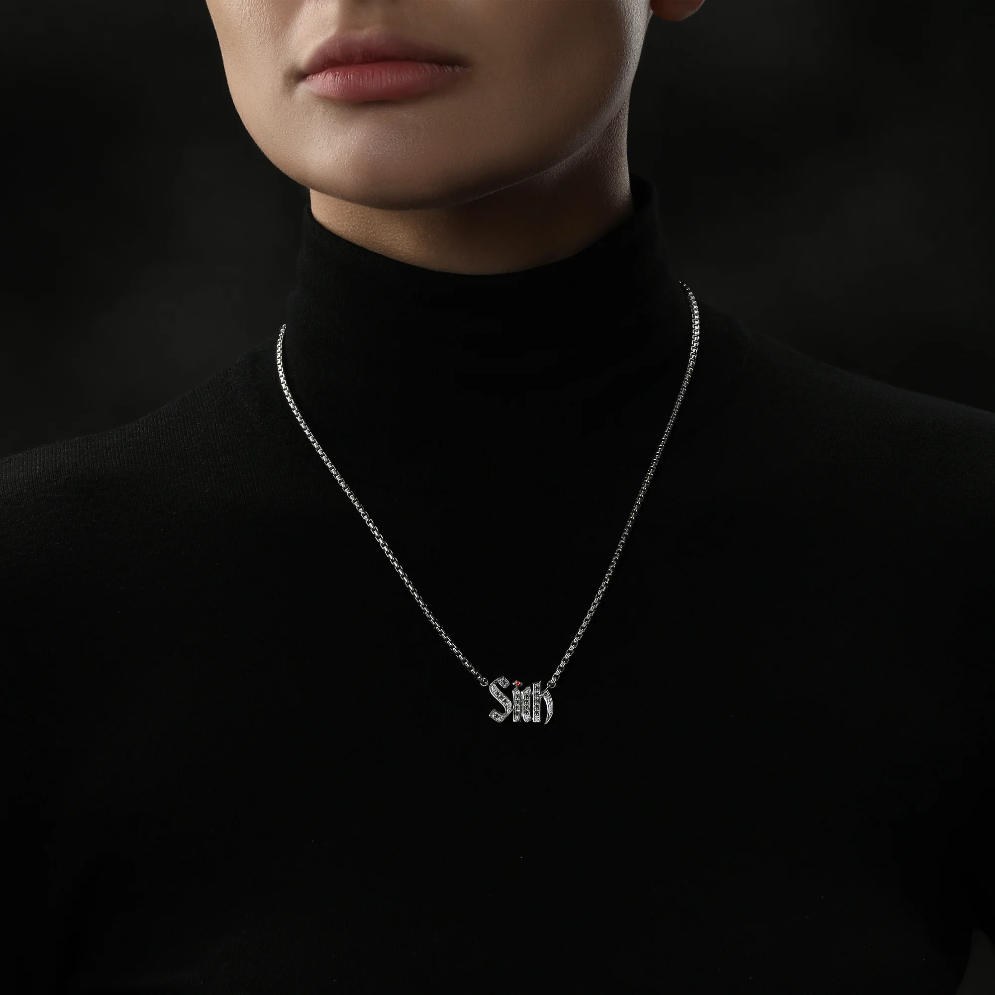 INTO THE GALAXY BLACK RHODIUM OVER STERLING SILVER SITH™ EDITORIAL NECKLACE with 1/6 CT.TW. Black Diamonds and Garnet - Image 3