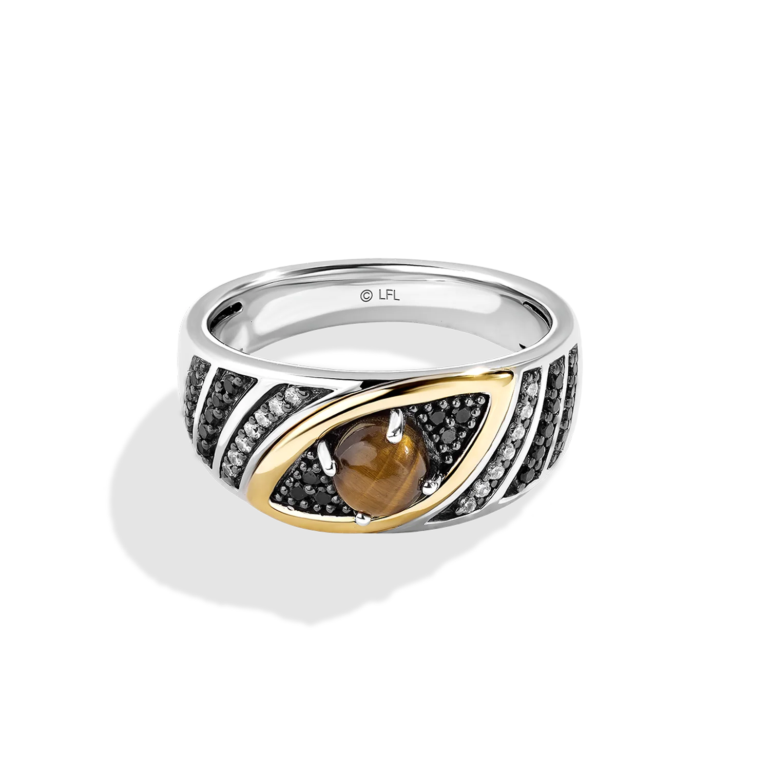 JABBA THE HUTT™ WOMEN'S RING 1/5 CT.TW. Black and White Diamonds, Tigers Eye, Smoky Quartz, Sterling Silver and 10K Yellow Gold