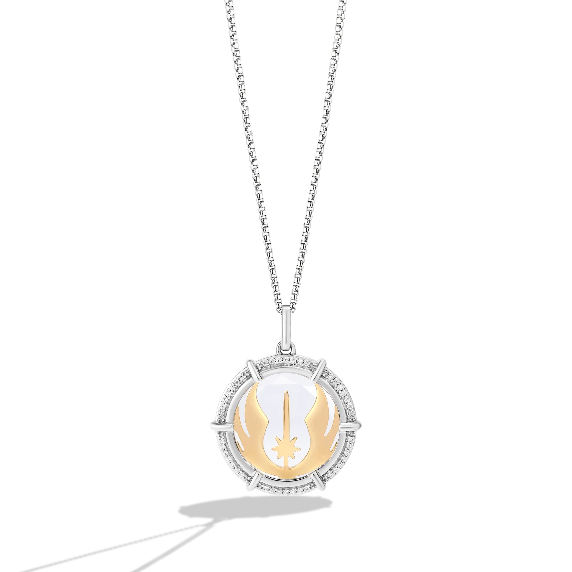 JEDI™ MEDALLION NECKLACE in 10K Yellow Gold and Sterling silver encased in White Quartz with 1/10 CT.TW. Diamonds