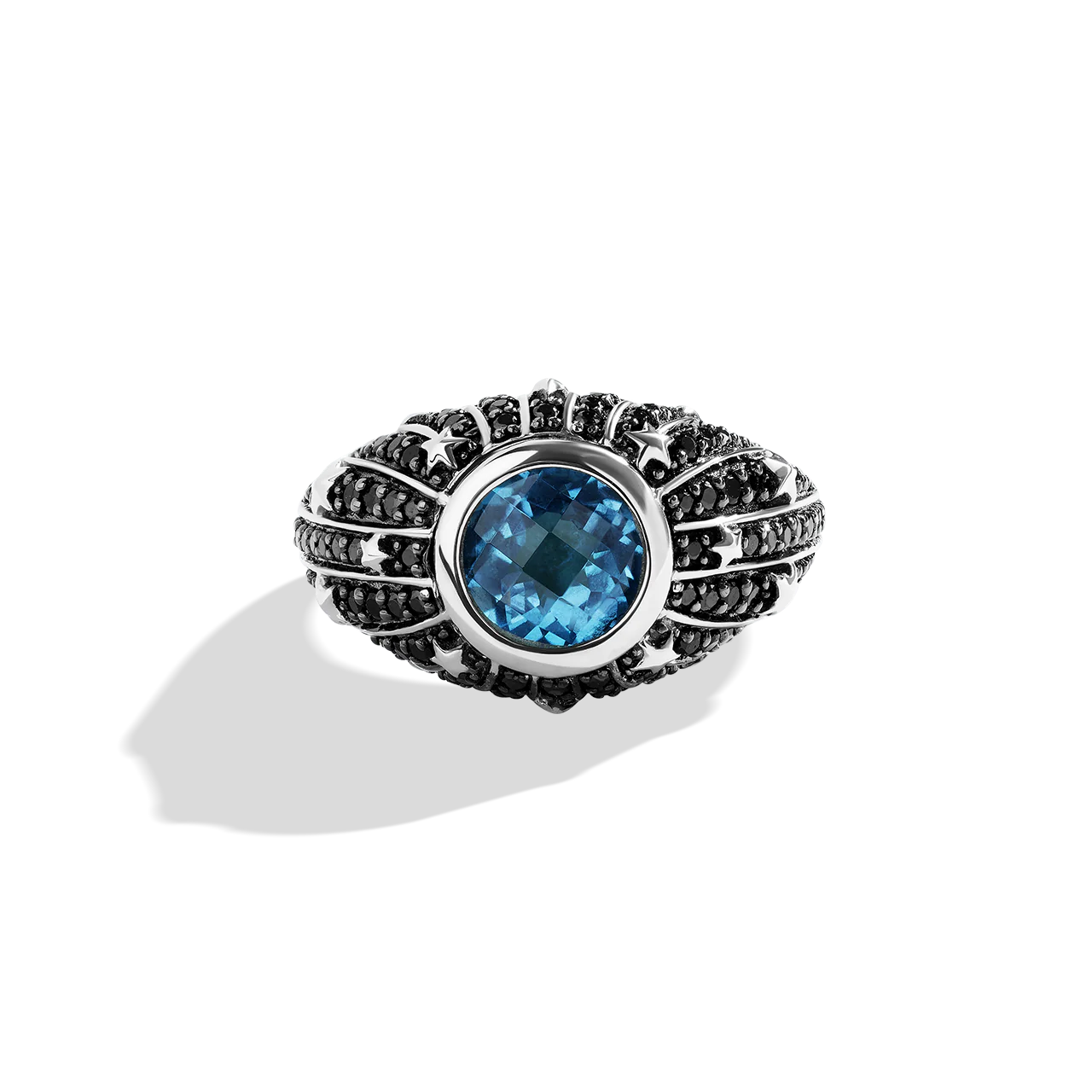 KYBER CRYSTAL RADIANCE WOMEN'S RING 1 CT.TW. Black Diamonds and Swiss Blue Topaz, Sterling Silver with Black Rhodium