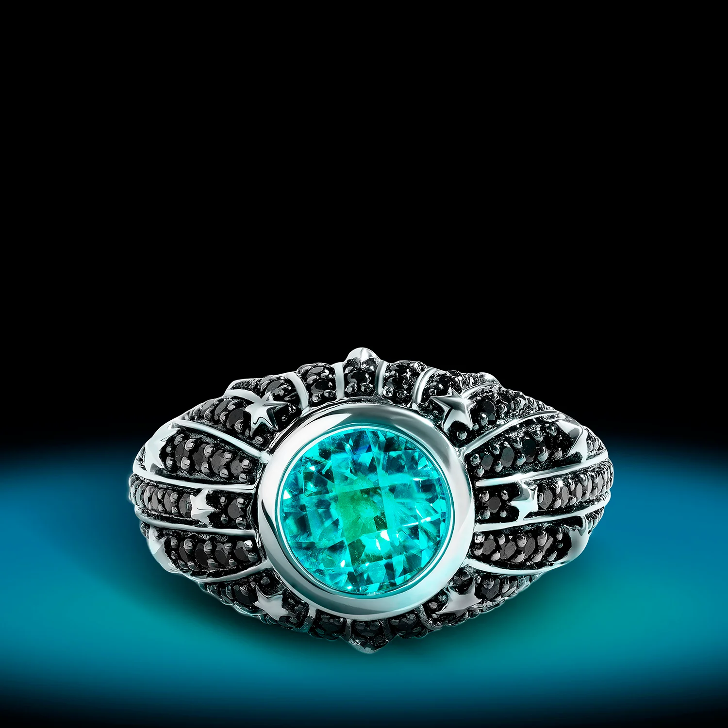 KYBER CRYSTAL RADIANCE WOMEN'S RING 1 CT.TW. Black Diamonds and Swiss Blue Topaz, Sterling Silver with Black Rhodium - Image 2