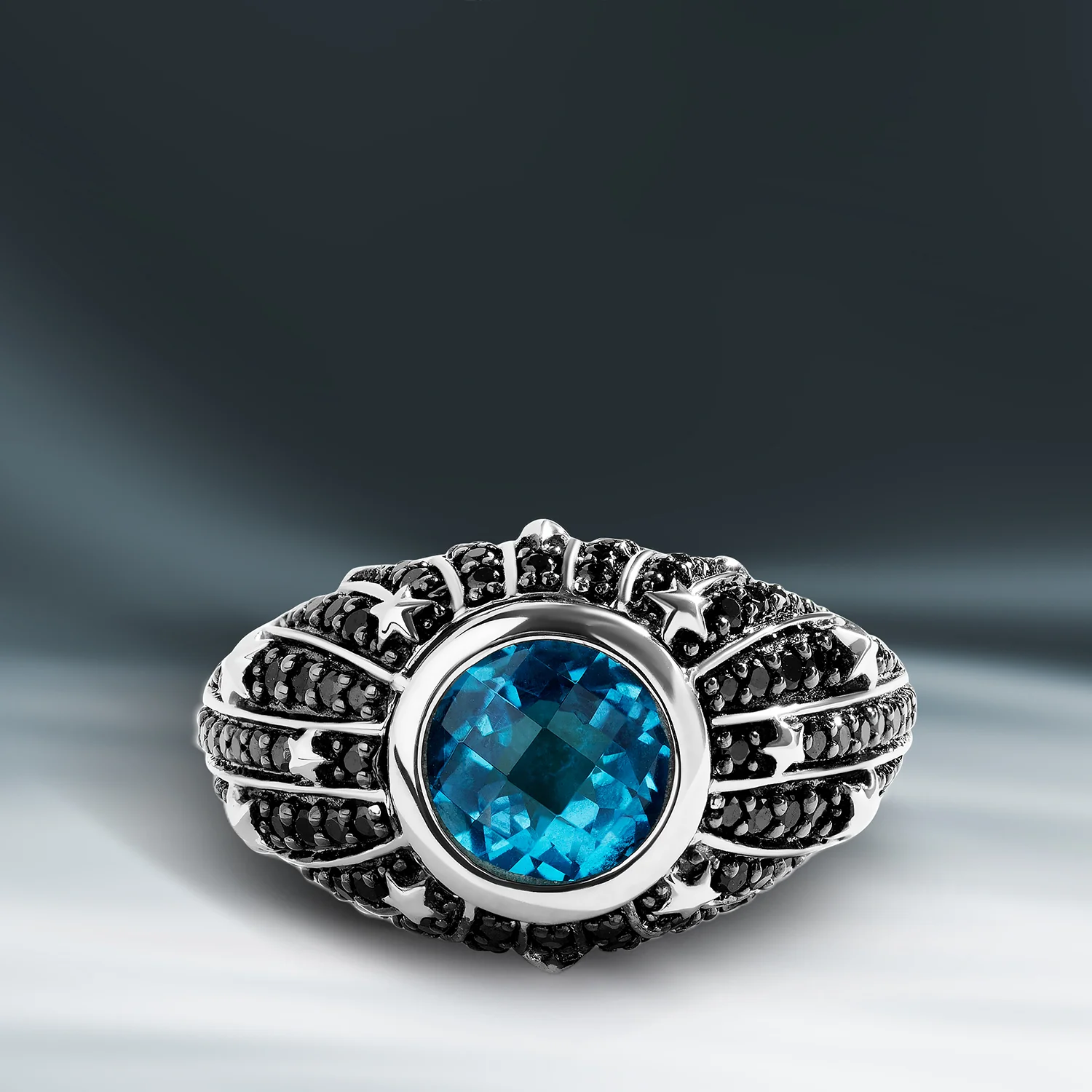 KYBER CRYSTAL RADIANCE WOMEN'S RING 1 CT.TW. Black Diamonds and Swiss Blue Topaz, Sterling Silver with Black Rhodium - Image 4