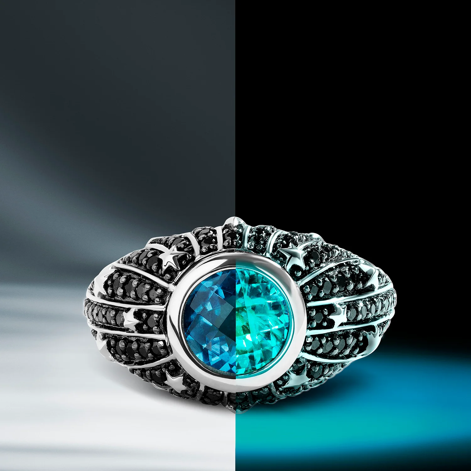KYBER CRYSTAL RADIANCE WOMEN'S RING 1 CT.TW. Black Diamonds and Swiss Blue Topaz, Sterling Silver with Black Rhodium - Image 5