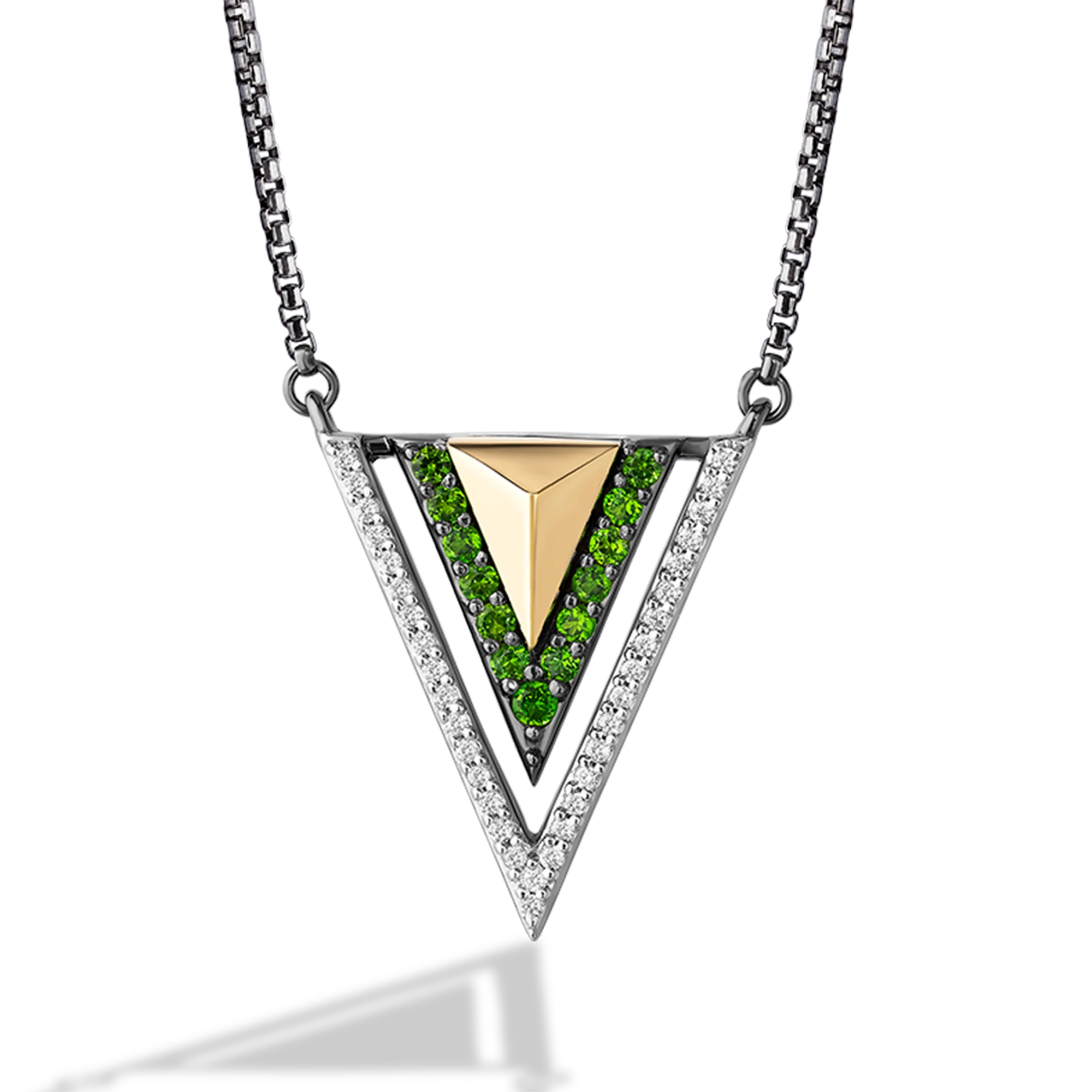 LIGHT X DARK WOMEN'S NECKLACE                                   1/10 CT.TW. White Diamonds and chrome diopside Silver and 10K Yellow Gold