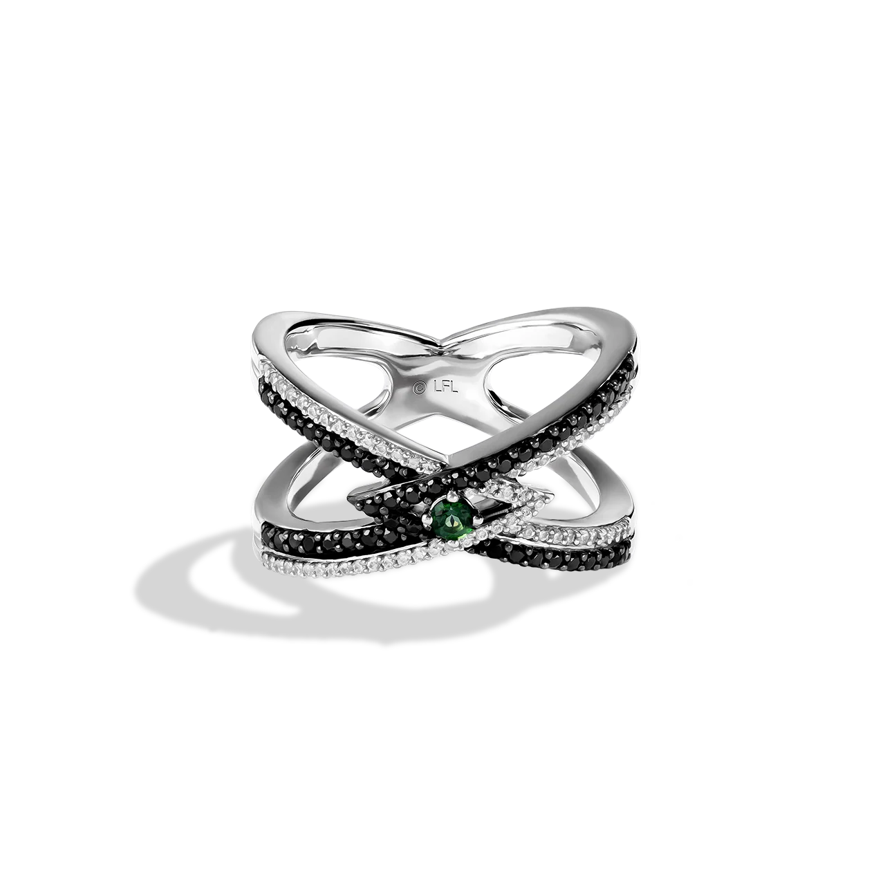LIGHT X DARK WOMEN'S RING, 1/2 CT.TW. Black and White Diamonds Green Diopside Accent Silver and Black Rhodium