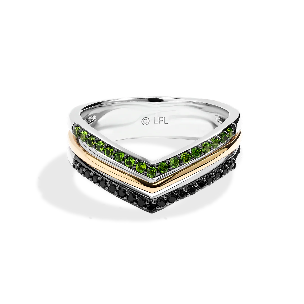 LIGHT X DARK WOMEN'S RING                                   1/6 CT.TW. Black Diamonds and chrome diopside Silver and 10K Yellow Gold