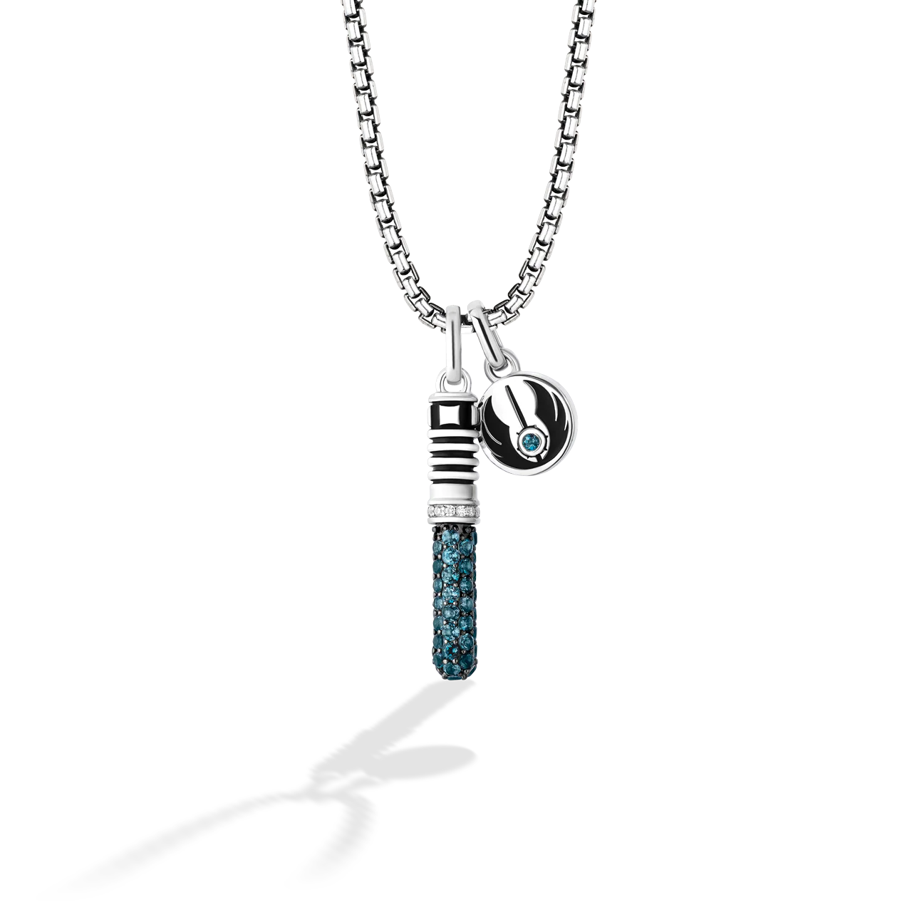 OBI-WAN KENOBI™ WOMEN'S LIGHTSABER PENDANT in Sterling Silver and Black Rhodium with 1/20 CT.TW. Diamonds and London Blue Topaz