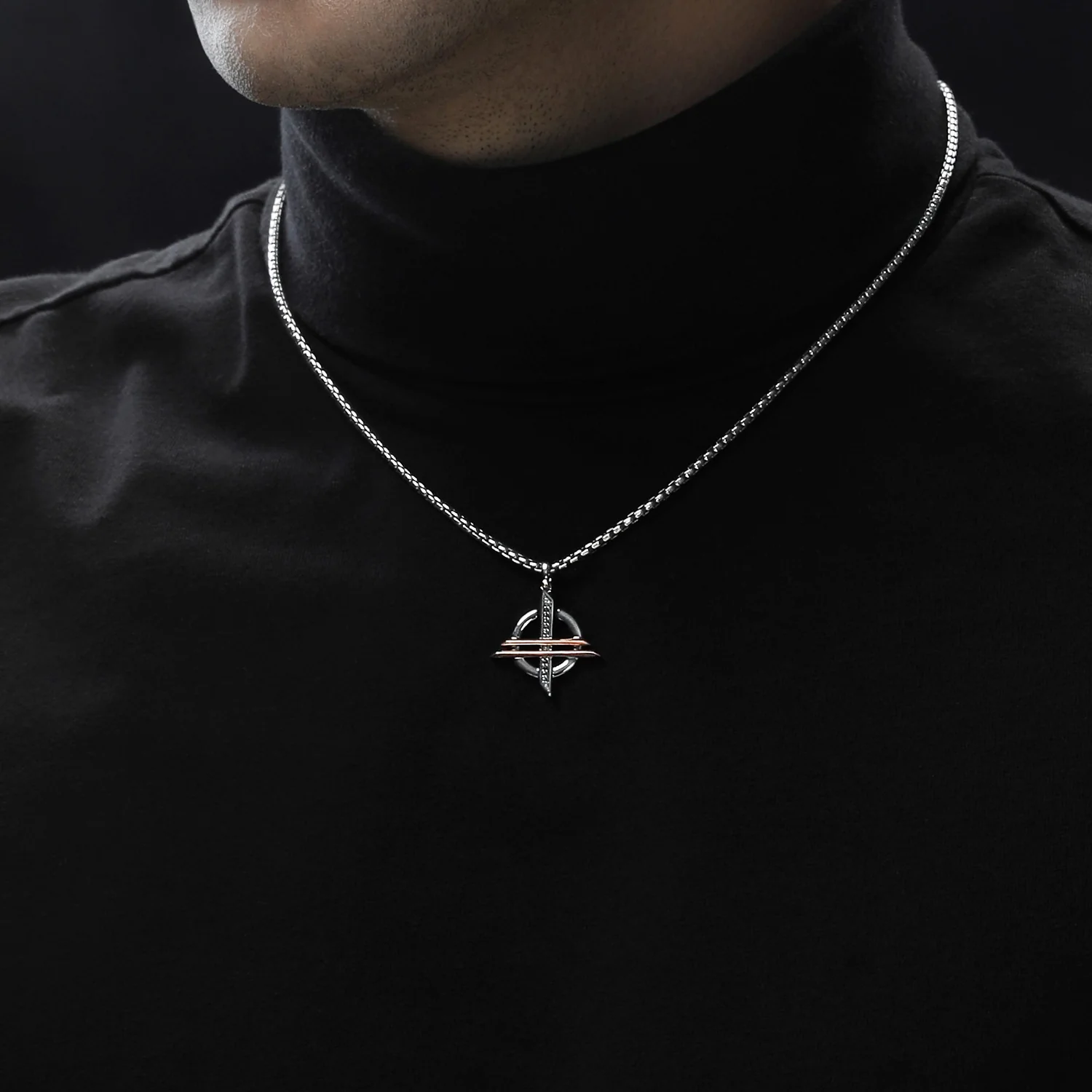 ORDER OF THE INQUISITOR ™ MEN'S/WOMEN'S PENDANT in Black Rhodium Sterling Silver and 10K Rose Gold with 1/12 CT.TW. Black Diamonds - Image 2