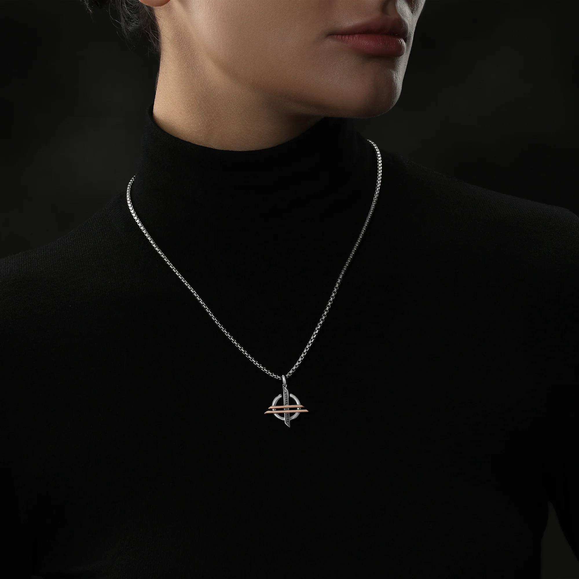 ORDER OF THE INQUISITOR ™ MEN'S/WOMEN'S PENDANT in Black Rhodium Sterling Silver and 10K Rose Gold with 1/12 CT.TW. Black Diamonds - Image 3