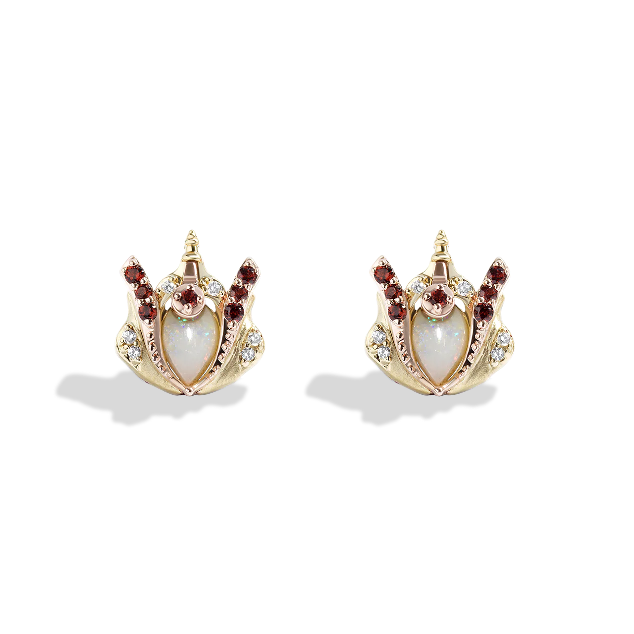 QUEEN AMIDALA™ EARRINGS IN STERLING SILVER, 10K YELLOW AND ROSE GOLD with 1/20 CT.TW. Diamonds and Australian Opal, Garnet