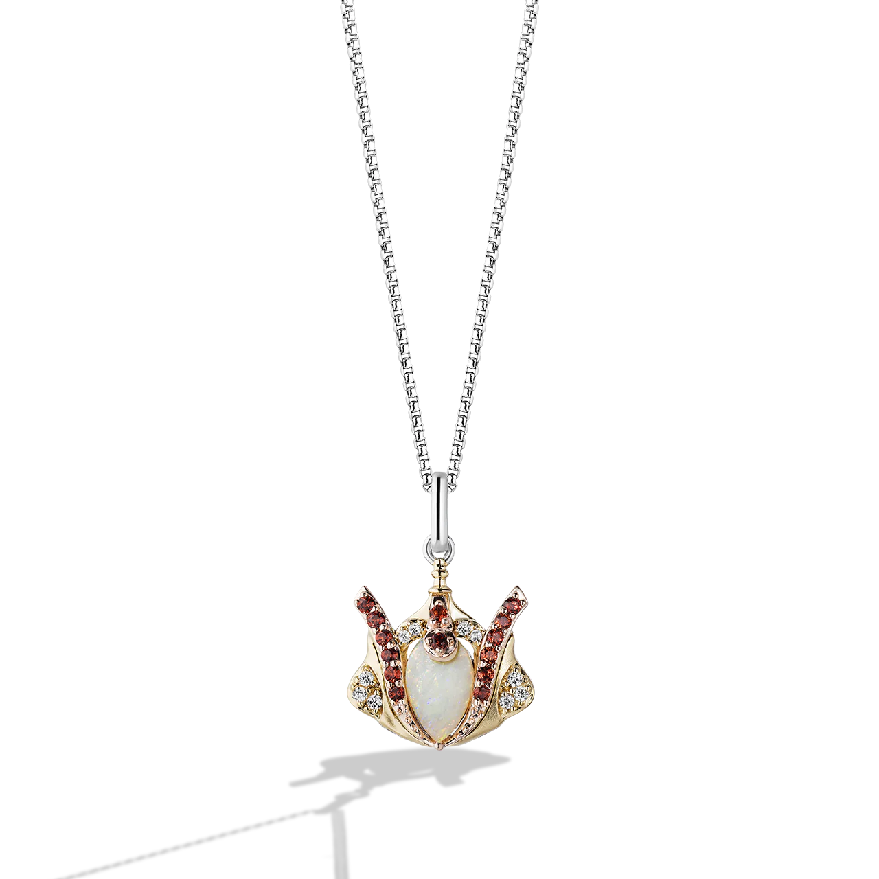 QUEEN AMIDALA™ PENDANT IN STERLING SILVER, 10K YELLOW AND ROSE GOLD with 1/20 CT.TW. Diamonds and Australian Opal, Garnet