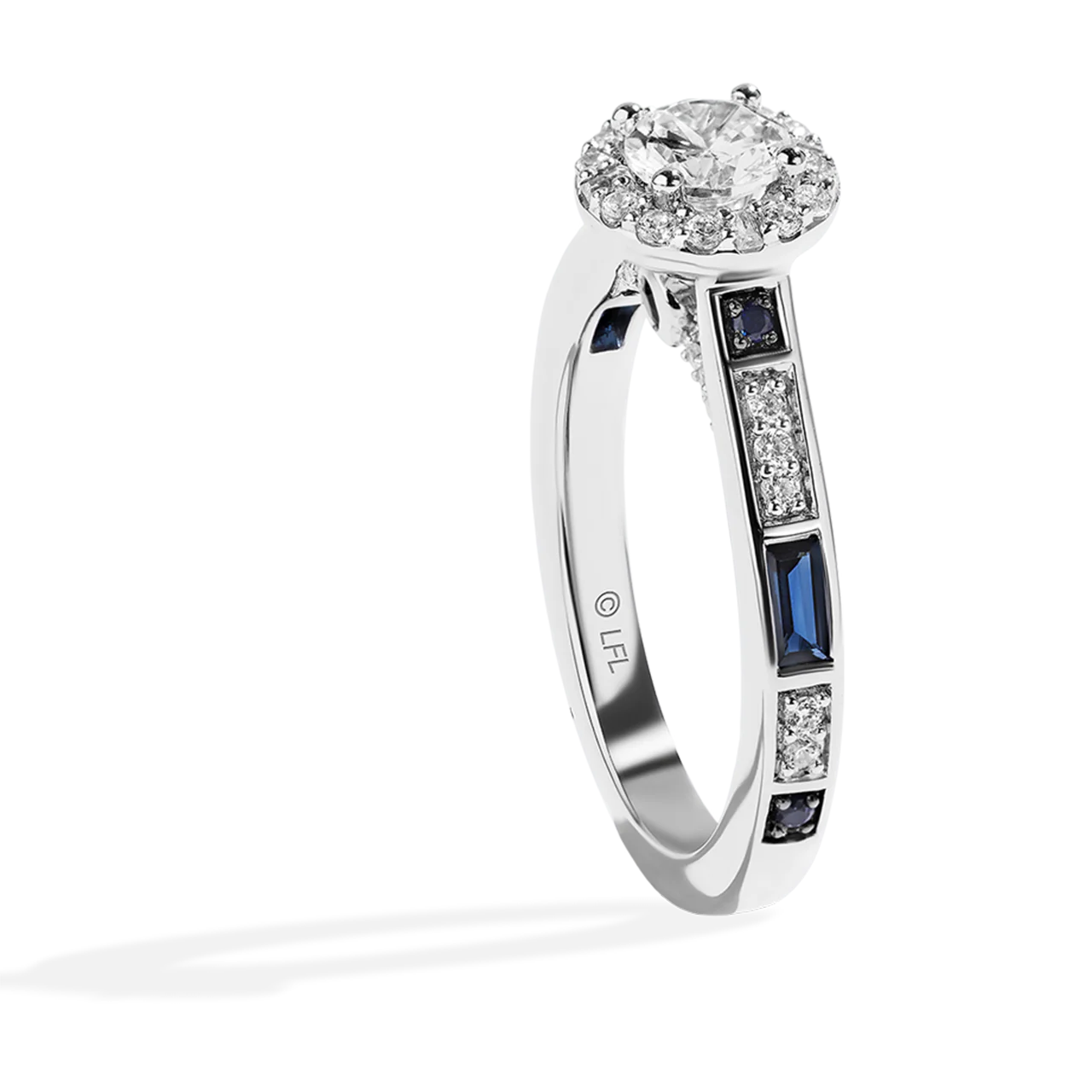 R2-D2™ 14K WHITE GOLD HALO ENGAGEMENT RING with 1/2 CT Round Center Diamond and 3/4 CT.TW., Garnet and Blue Sapphire - Image 3