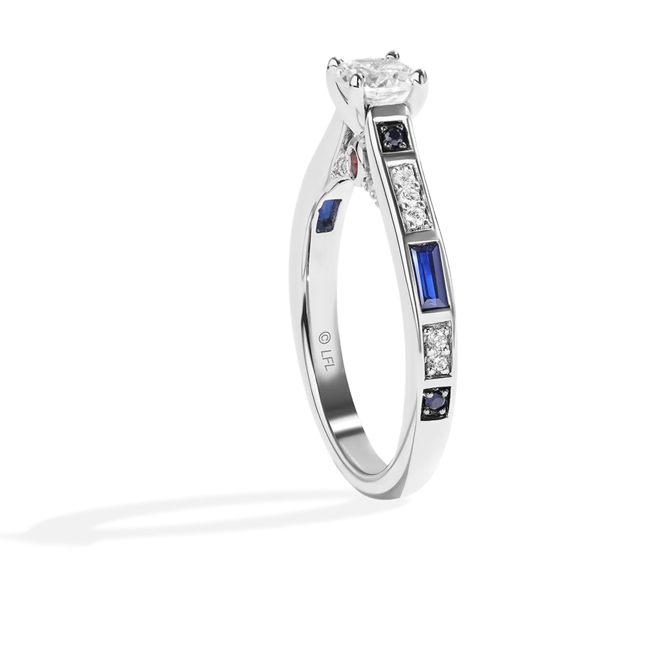 R2-D2™ 14K WHITE GOLD SOLITAIRE ENGAGEMENT RING with 1/2 CT Round Center Diamond and 5/8 CT.TW., Garnet and Blue Sapphire - Image 3