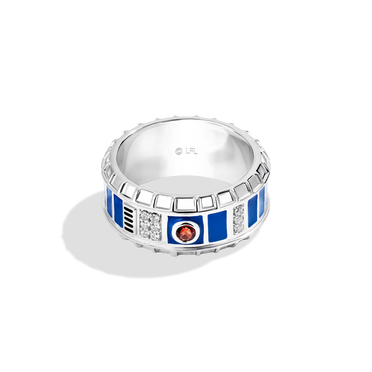 R2-D2™ MEN'S RING with 1/10 CT.TW. Diamonds, Garnet, Blue and Black Enamel in Sterling Silver