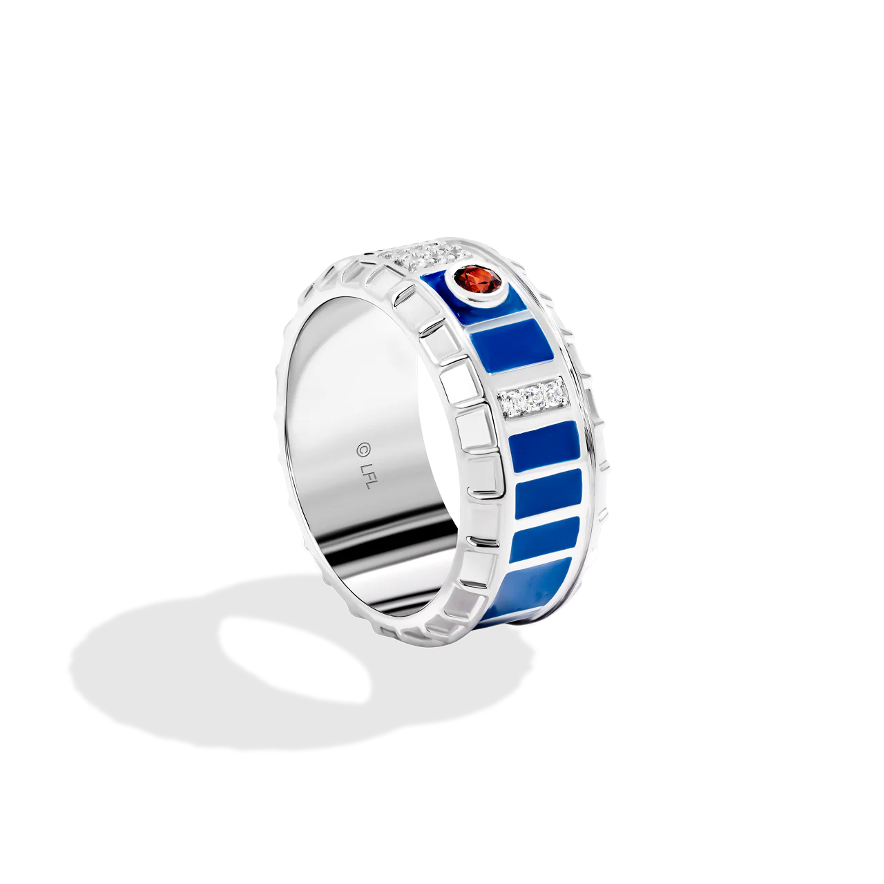 R2-D2™ MEN'S RING with 1/10 CT.TW. Diamonds, Garnet, Blue and Black Enamel in Sterling Silver - Image 2