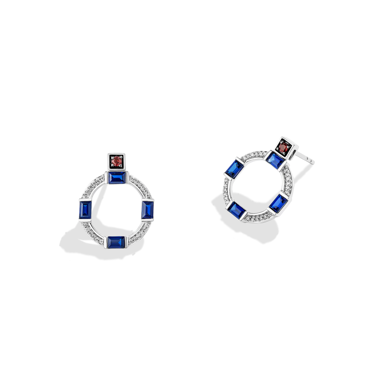 R2 SERIES WOMEN'S EARRING Sterling Silver, 1/8 CT.TW. White Diamonds Garnet and Created Blue Sapphire
