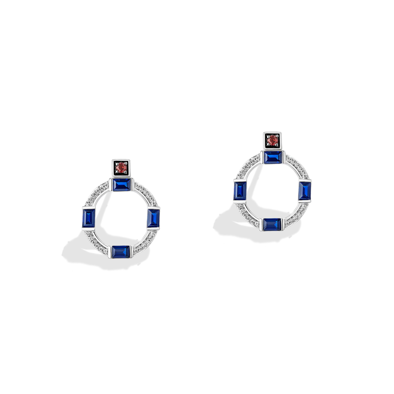 R2 SERIES WOMEN'S EARRING Sterling Silver, 1/8 CT.TW. White Diamonds Garnet and Created Blue Sapphire - Image 2