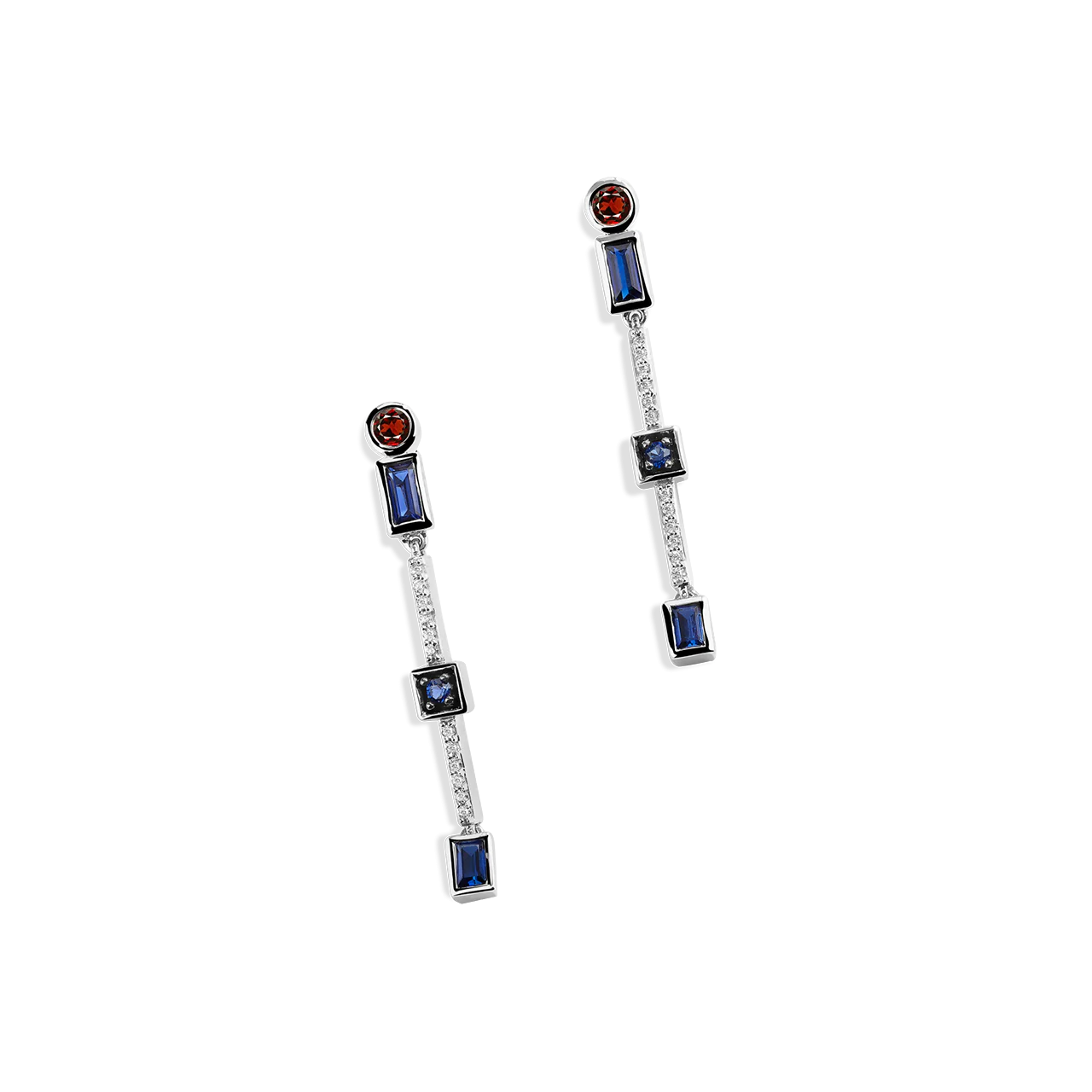 R2 SERIES WOMEN'S EARRINGS 1/10 CT.TW. White Diamonds Garnet and Blue Sapphire Silver