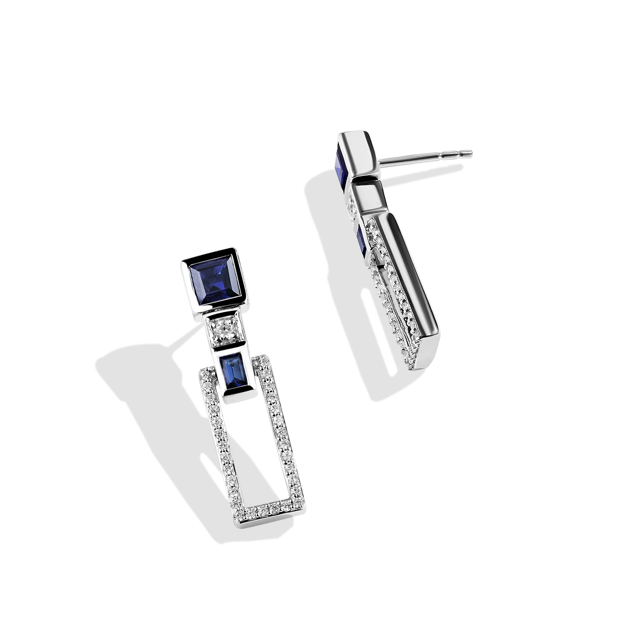 R2 SERIES WOMEN'S EARRINGS 1/4 CT.TW. White Diamonds and Blue Sapphire Silver - Image 2