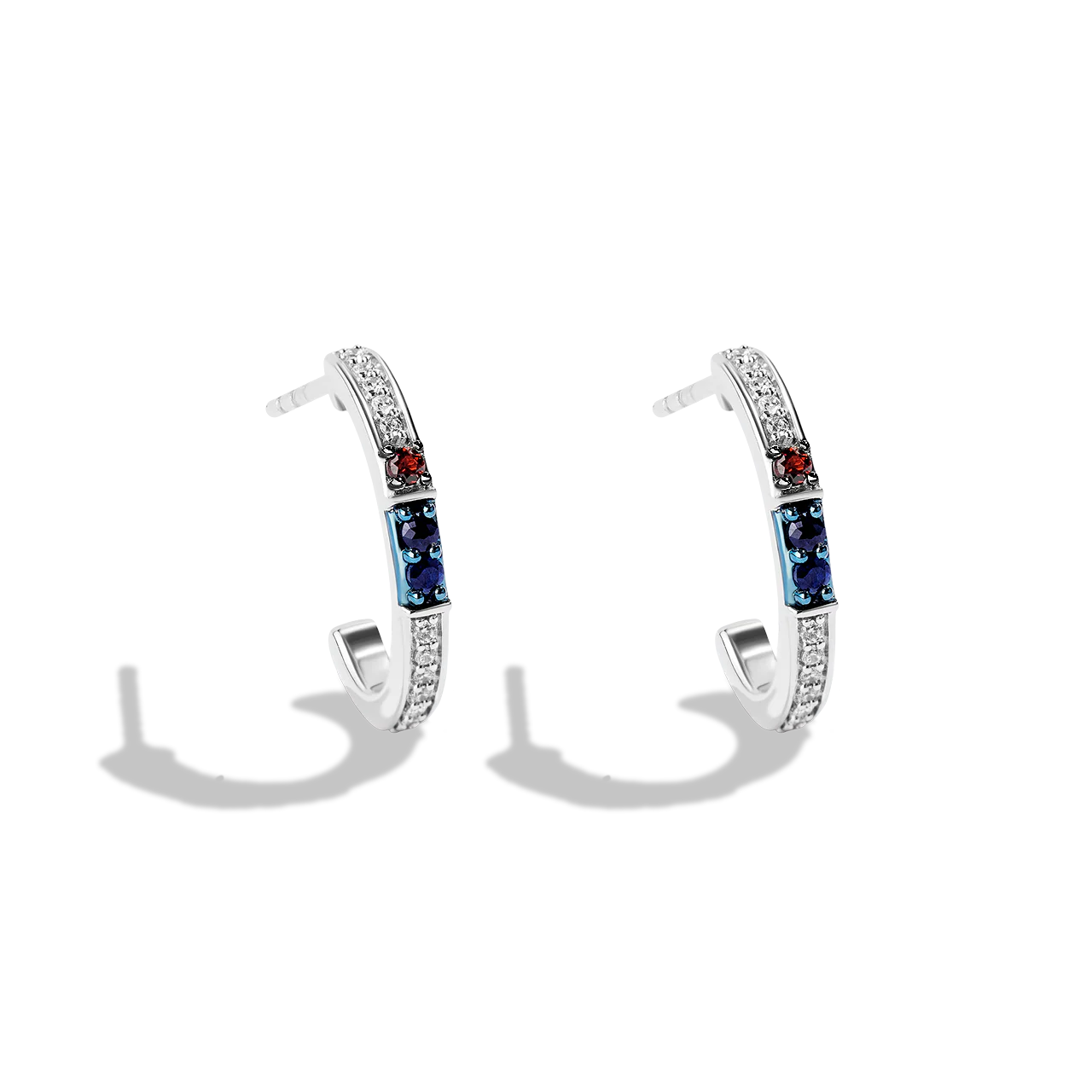 R2 SERIES WOMEN'S EARRINGS with 1/8 CT.TW. White Diamonds, Blue Sapphire and Garnet in Sterling Silver