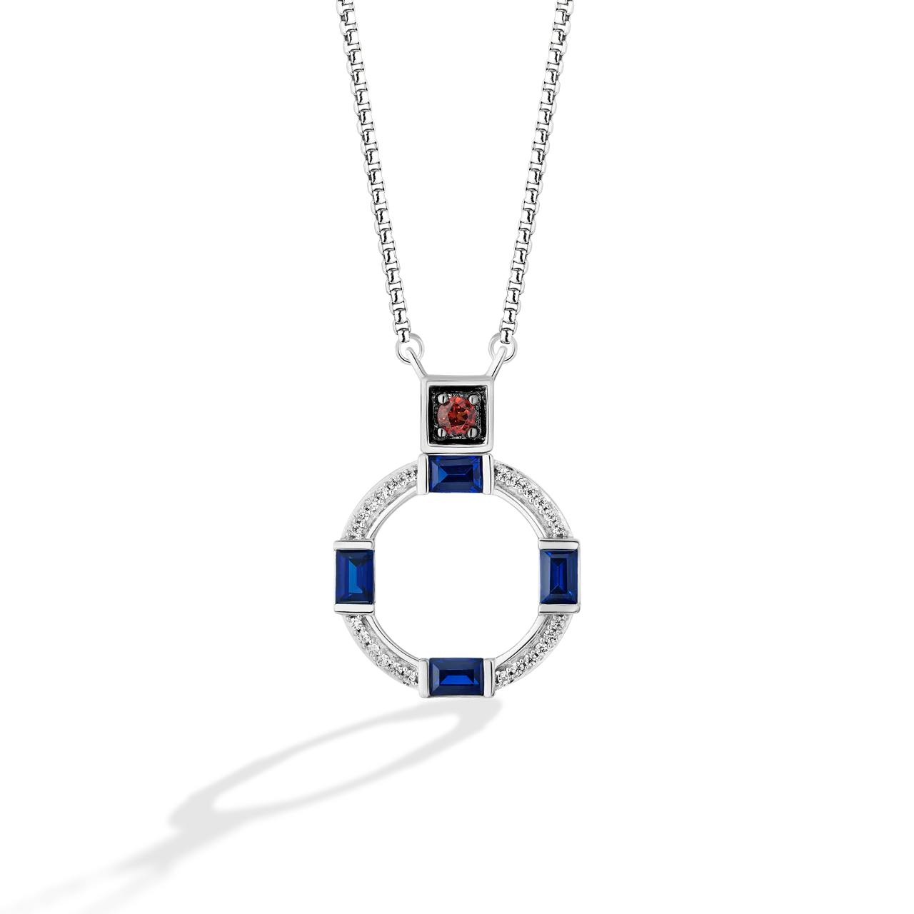R2 SERIES WOMEN'S PENDANT Sterling Silver, 1/20 CT.TW. White Diamonds Garnet and Created Blue Sapphire
