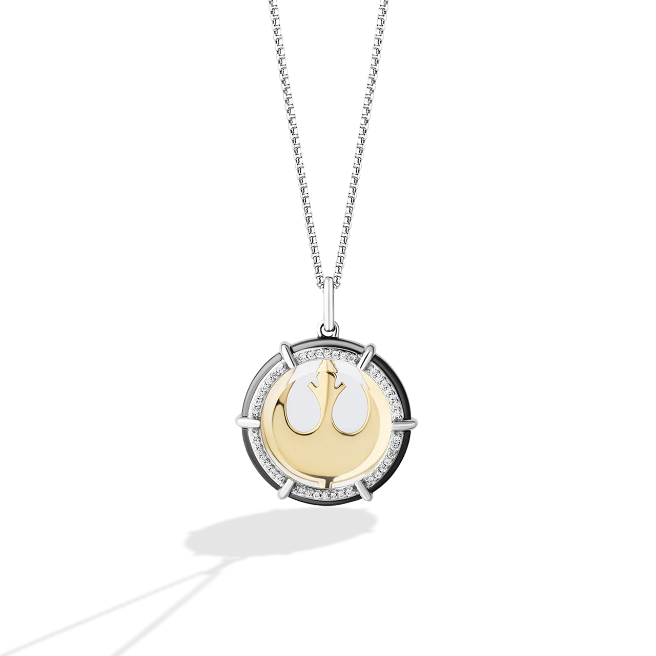 THE REBEL MEDALLION NECKLACE in 10K Yellow Gold and Sterling silver encased in White Quartz with 1/10 CT.TW. Diamonds