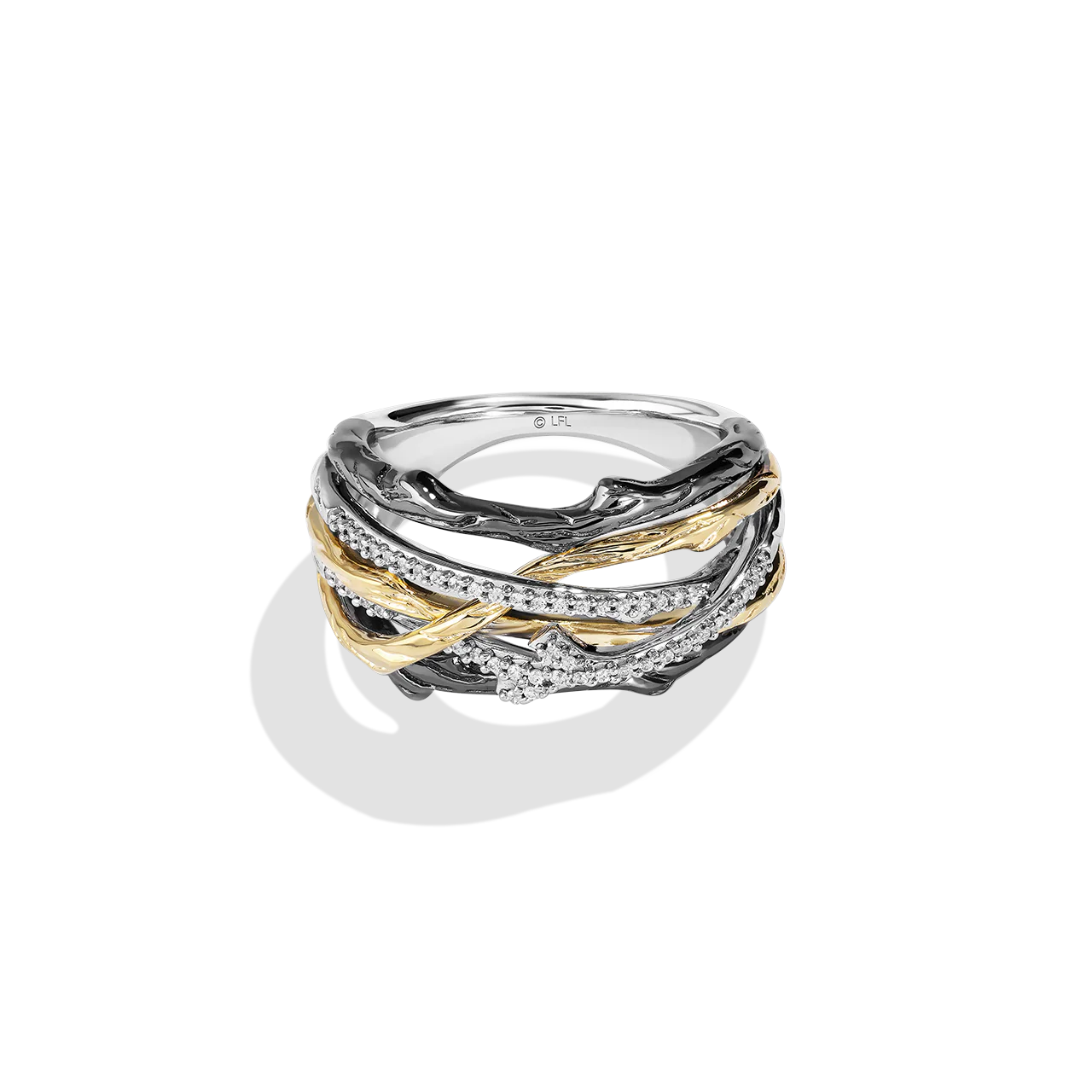 THE DAGOBAH WOMEN'S RING 1/6 CT.TW. White Diamonds True two tone Silver 10K Yellow Gold and Black Rhodium