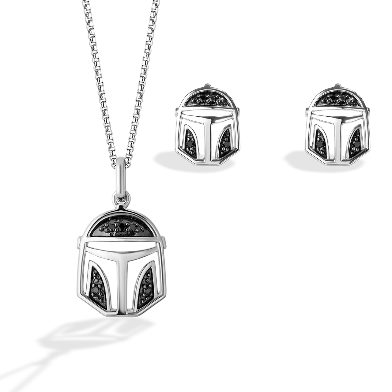 THE MANDALORIAN™ HELMET NECKLACE AND EARRING SET in Sterling Silver and Black Rhodium with 1/10 CT.TW. Black Diamonds