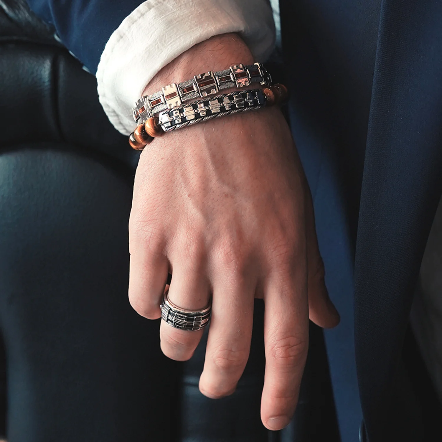 THE WOOKIEE MEN'S BRACELET Tiger Eye Shamballa Beads Silver and Black Rhodium - Image 2