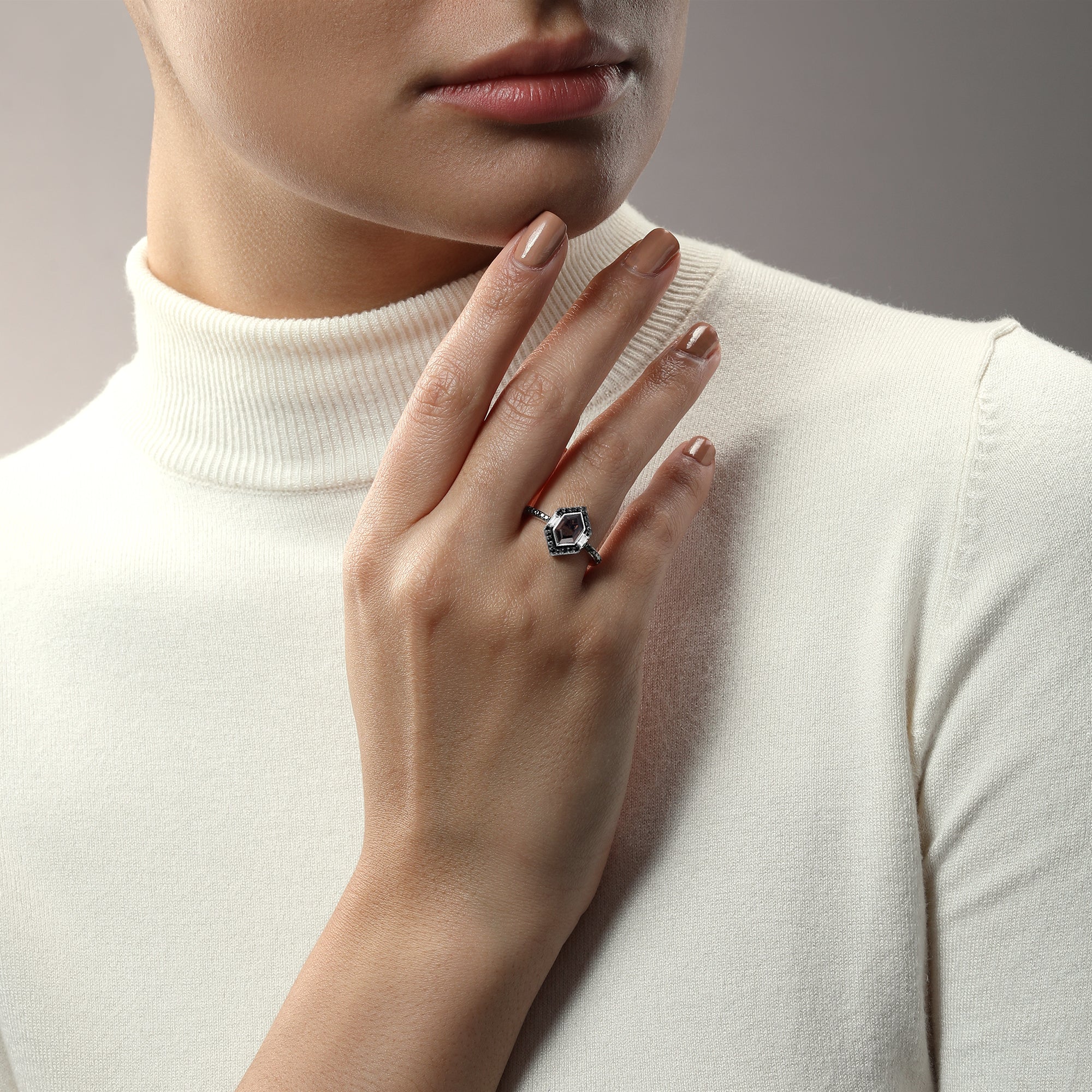 THE WOOKIEE WOMEN'S RING 1/3 CT.TW. Black and White Diamonds and Smokey Quartz Silver - Image 2