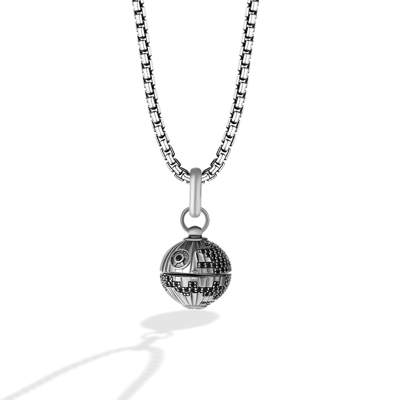 WOMEN'S/MEN'S DEATH STAR™ 3-D NECKLACE in Sterling Silver and Black Rhodium with Black Spinel