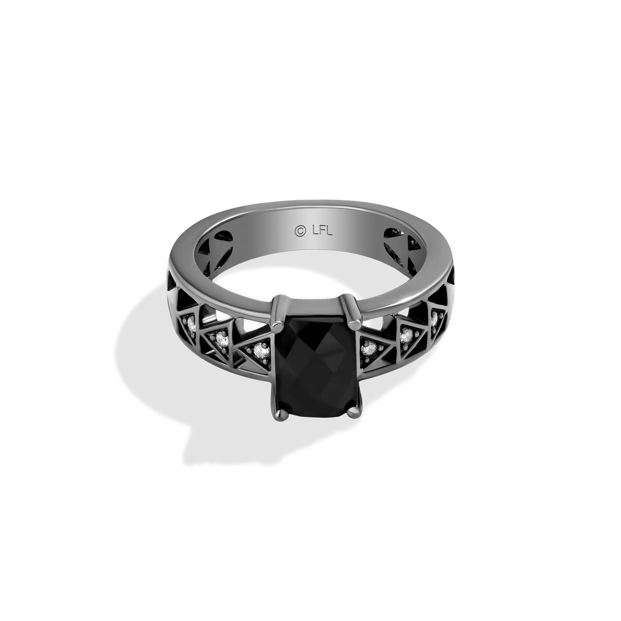 DARTH VADER WOMEN'S RING with Checkerboard Black Onyx and 1/20 CT.TW. Diamonds set in Black Rhodium over Sterling Silver